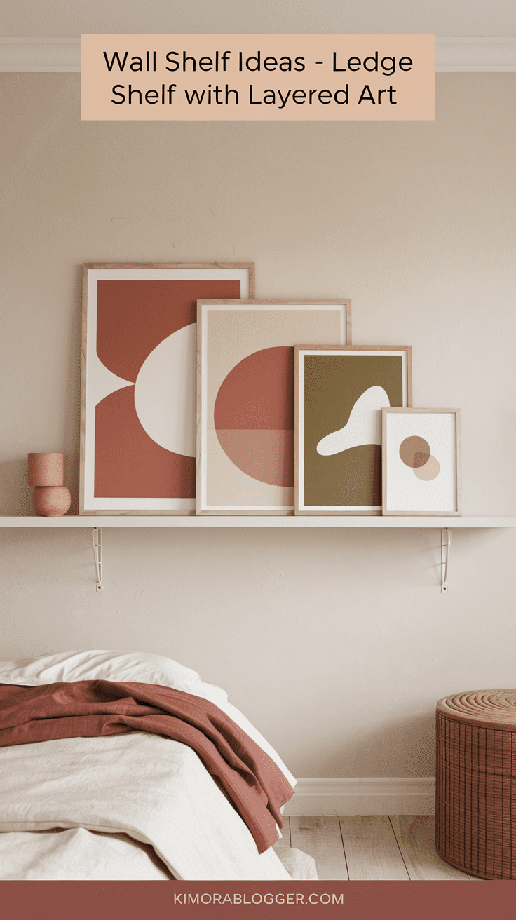 A neutral-toned bedroom wall with a single white picture ledge displaying 2–3 overlapping framed prints in warm tones—terracotta, sand, and olive.