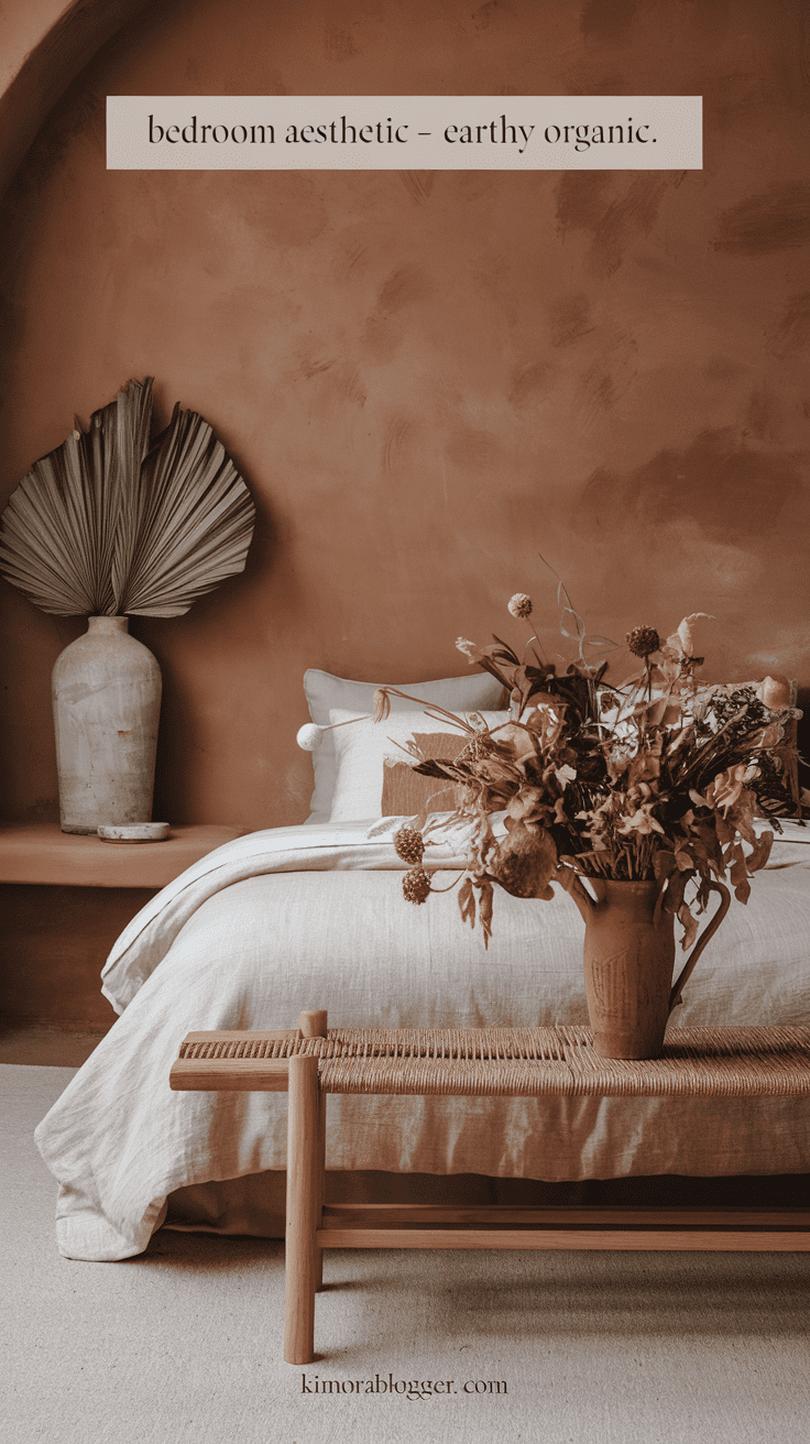 Cozy bedroom with a clay-toned accent wall, cream bedding, a reclaimed wood bench, and dried florals. Neutral layers and natural textures throughout.