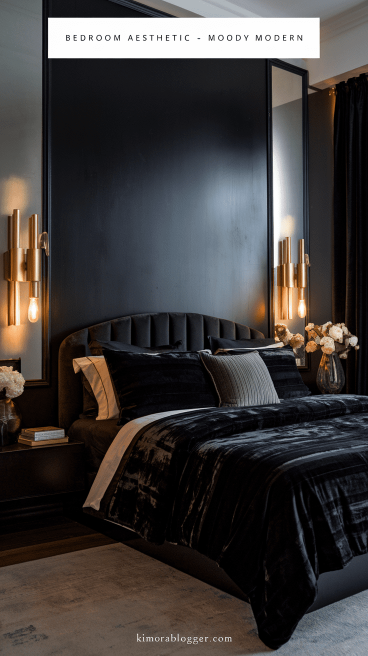 A deep charcoal accent wall, dark velvet bedding, and brass sconces for ambient glow. The room feels cozy, dramatic, and stylish.