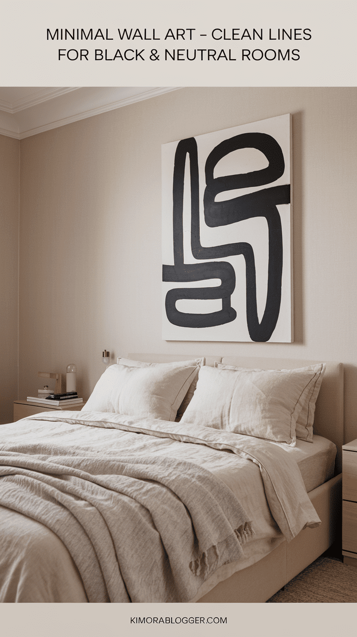 A set of three abstract prints in black, white, and beige hang above the bed. Each piece adds interest without overpowering the room.