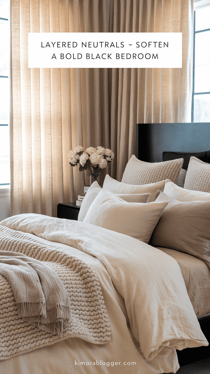 A bed dressed in creamy linen sheets, a taupe knit throw, and ivory pillows. Sheer curtains let in natural light that brightens the contrast.