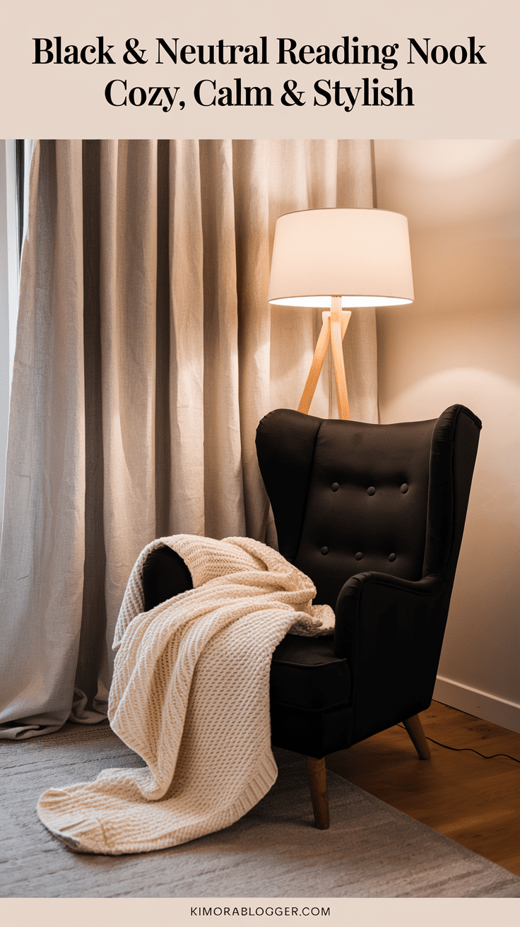 A black reading chair sits beside a linen curtain and light wood floor, with a cream knit blanket and a floor lamp casting a warm glow.