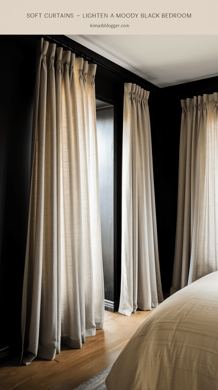 Beige sheer curtains on black rods in a room with ivory bedding and wood flooring. Light filters in softly.