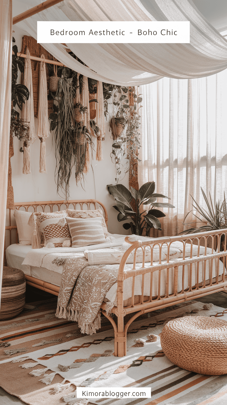 A rattan bed with patterned pillows, layered rugs, and a wall of hanging plants. Sunlight filters through sheer drapes for a soft, casual vibe.