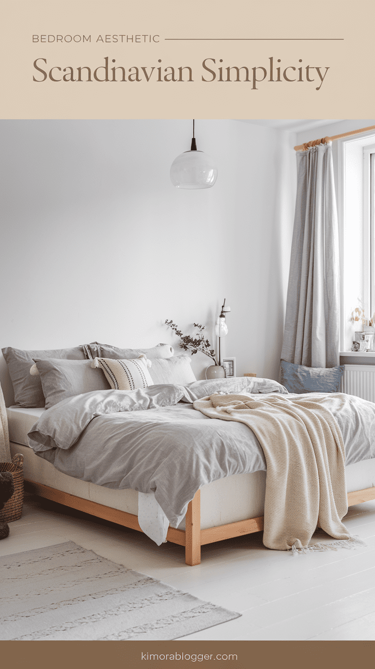A minimalist space with soft gray bedding, white oak nightstands, and a simple pendant light. Cozy and uncluttered.