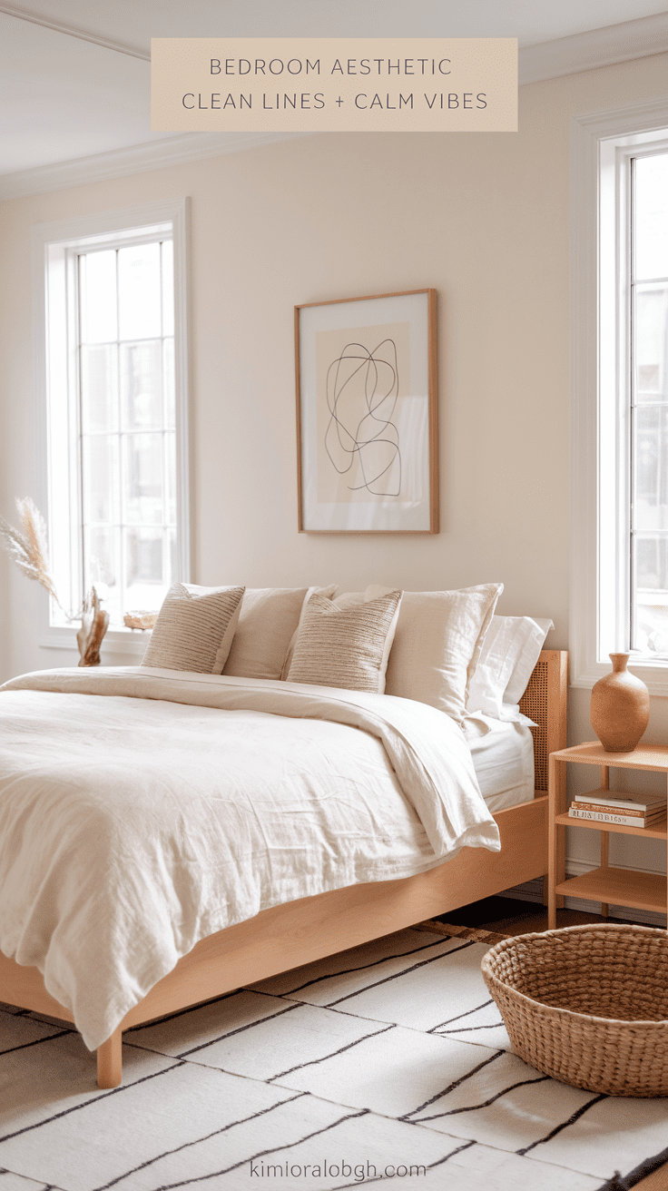 A bright bedroom with warm white walls, light oak furniture, and creamy linen bedding. A single piece of abstract art adds gentle interest without overwhelming the space.
