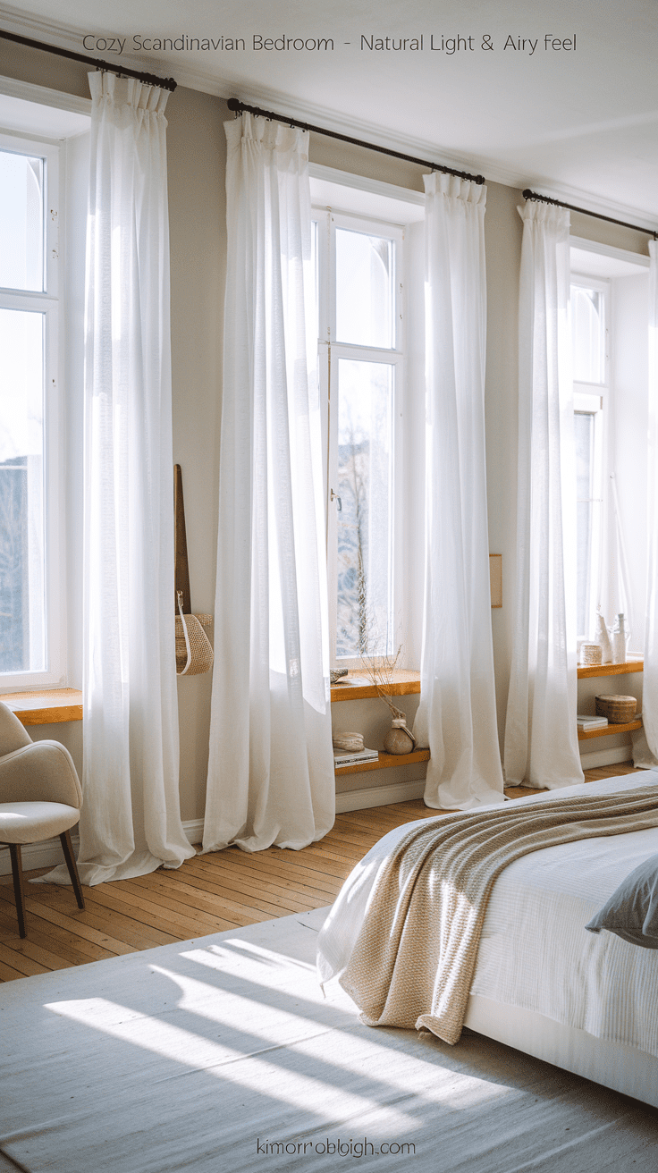A bedroom with tall windows draped in sheer white linen curtains. Morning sunlight pours in, highlighting light wood floors and soft neutral bedding.