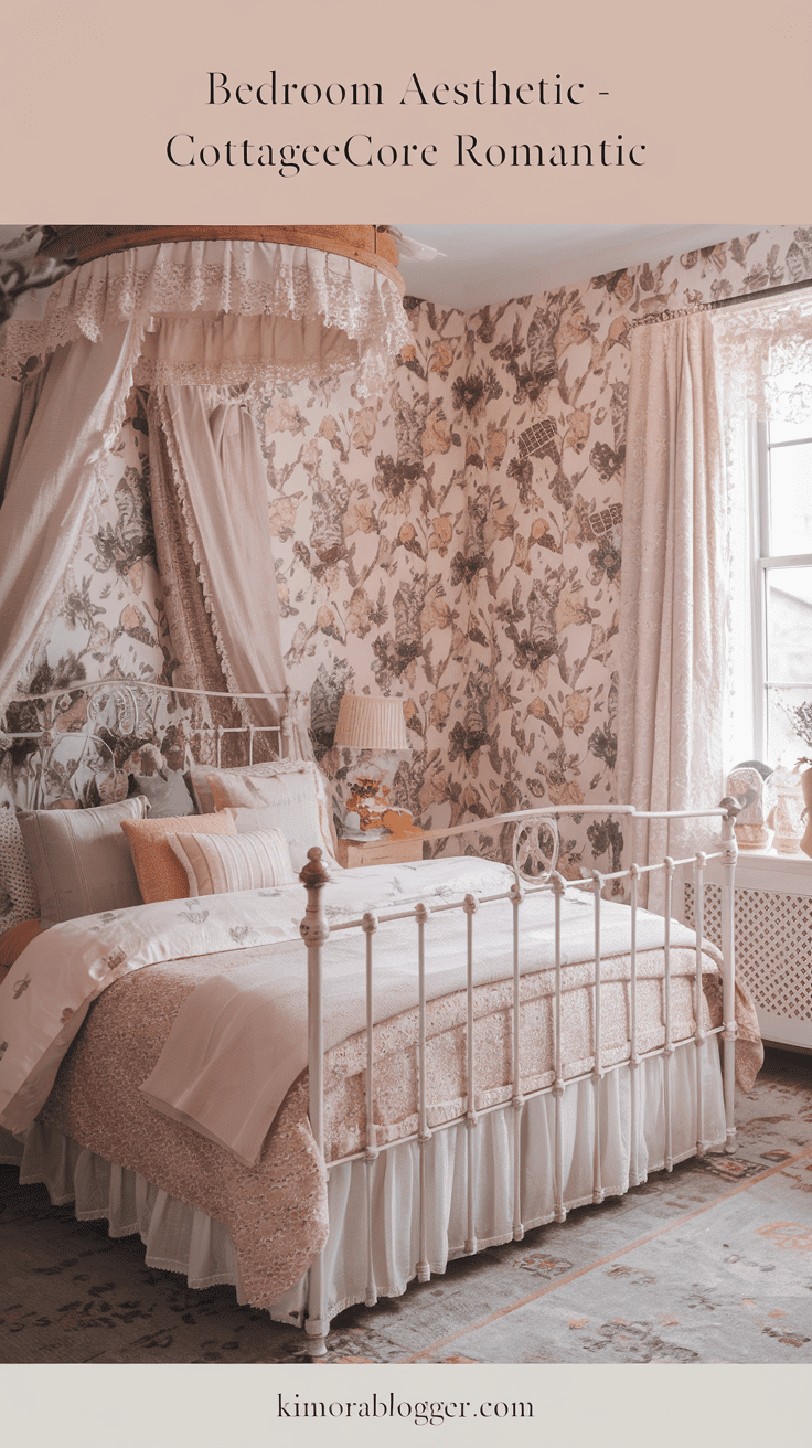 A floral wallpaper accent wall, vintage white iron bed, and layers of lace and linen. Whimsical and sweet.
