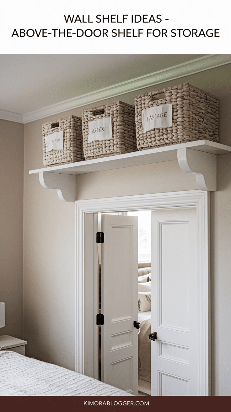 A chunky white floating shelf installed just above the doorway, holding labeled baskets in woven textures for linens or accessories.