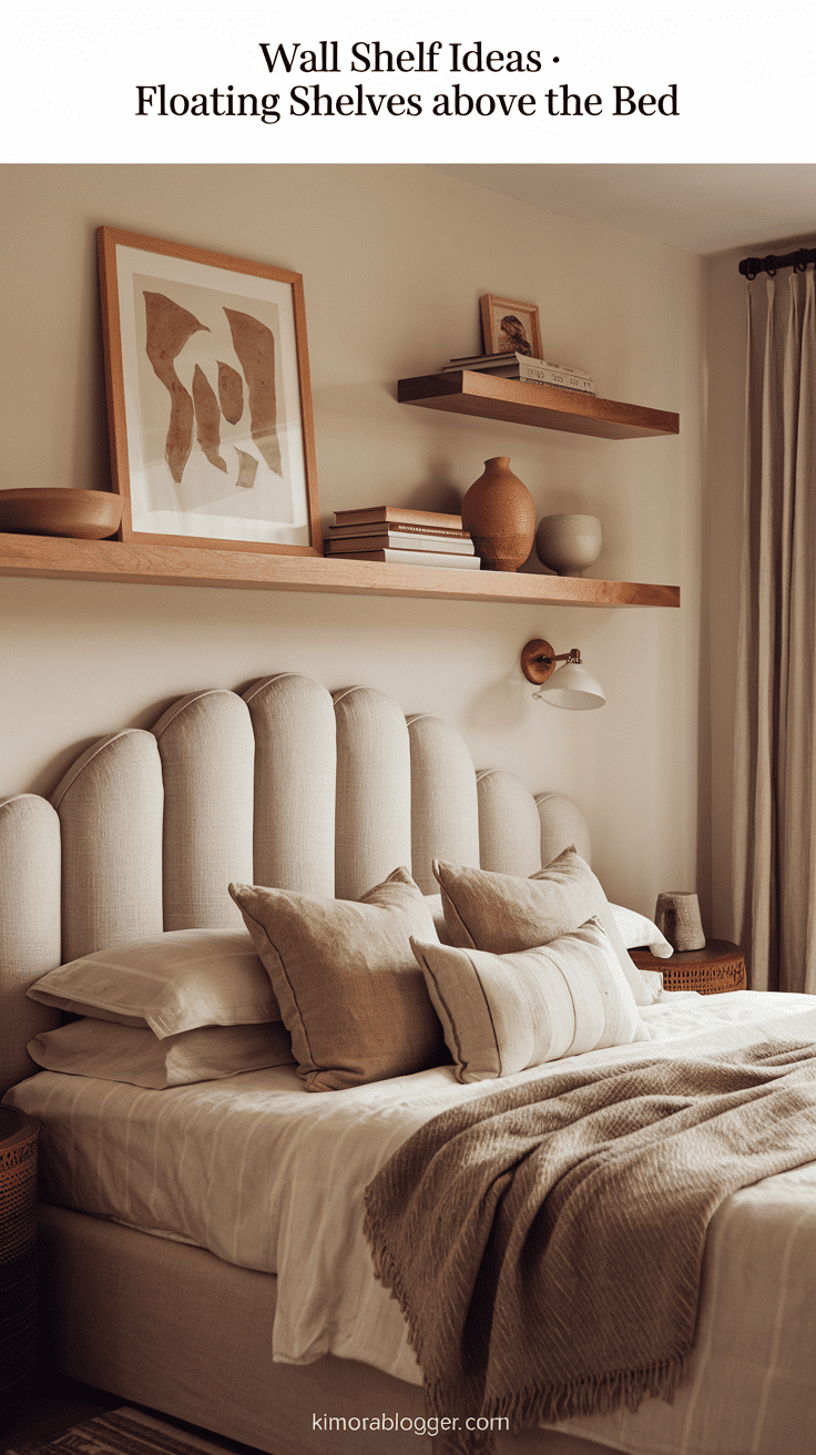 A pair of warm wood floating shelves mounted above a soft linen headboard, styled with framed art, a ceramic vase, and stacked books. Neutral tones, warm lighting, and soft textures complete the cozy vibe.