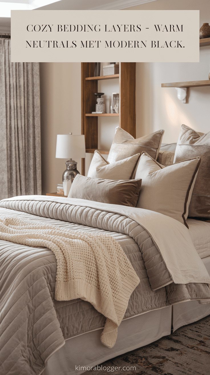 A plush ivory duvet with a taupe quilt folded at the end of the bed. Linen pillows and a soft cashmere throw add a cozy touch.