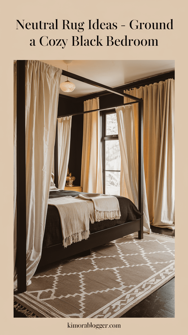 A soft jute and ivory rug beneath the bed, paired with a black bedframe and creamy drapes. The room feels elevated and grounded.