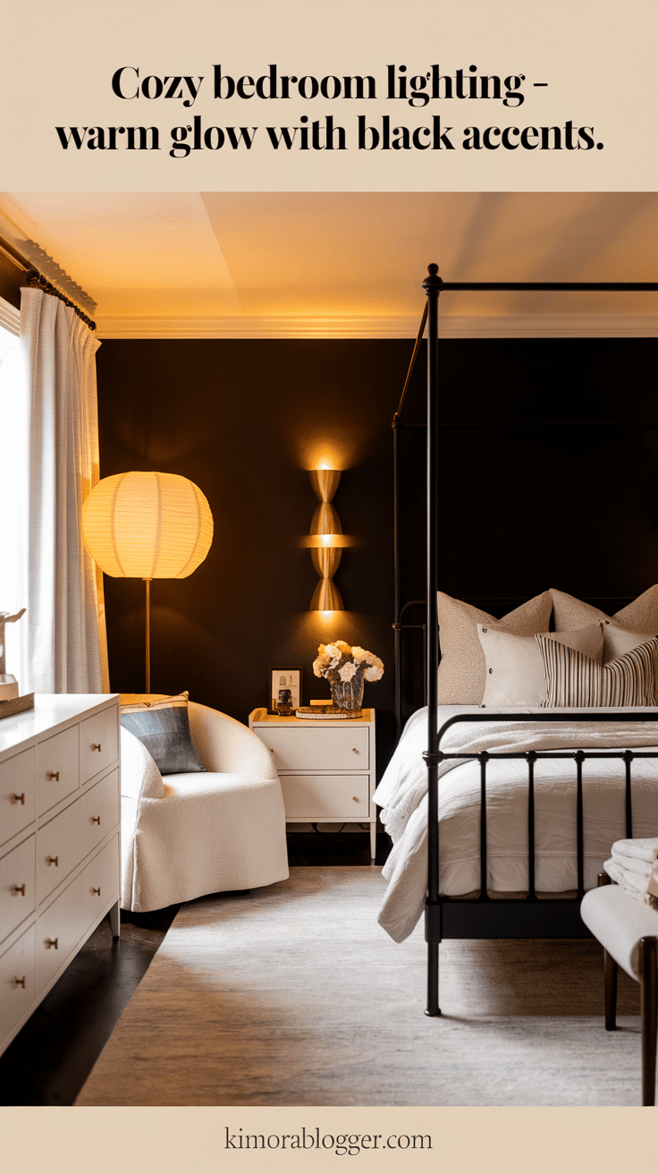 Matte black sconces with warm LED bulbs frame the bed, while a gold-accented floor lamp glows gently in the corner.