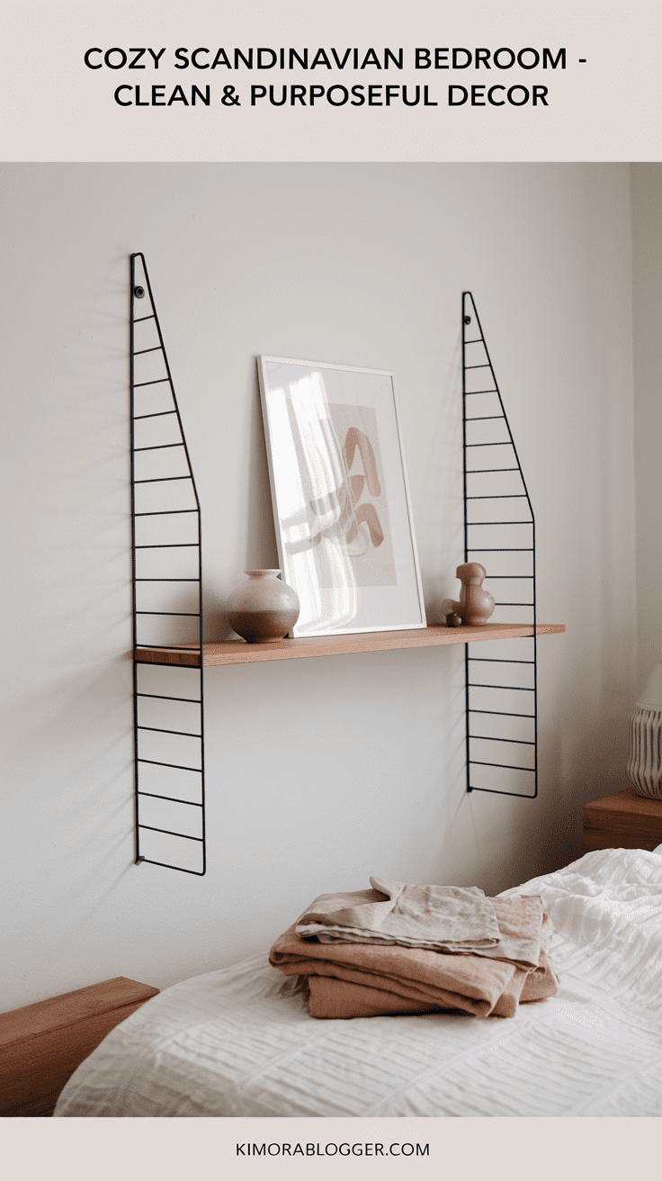 A floating shelf holds a single vase with dried stems, a framed abstract print, and one neatly folded linen. The surrounding wall space stays open, allowing the decor to feel intentional.