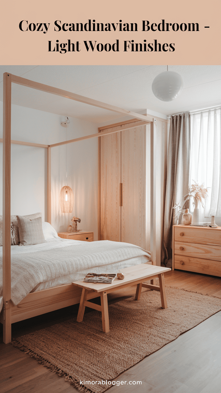 A minimalist bedroom with a natural oak bed frame, birch nightstands, and a pine bench at the foot of the bed. Off-white linen bedding and a jute rug bring in cozy, natural tones.