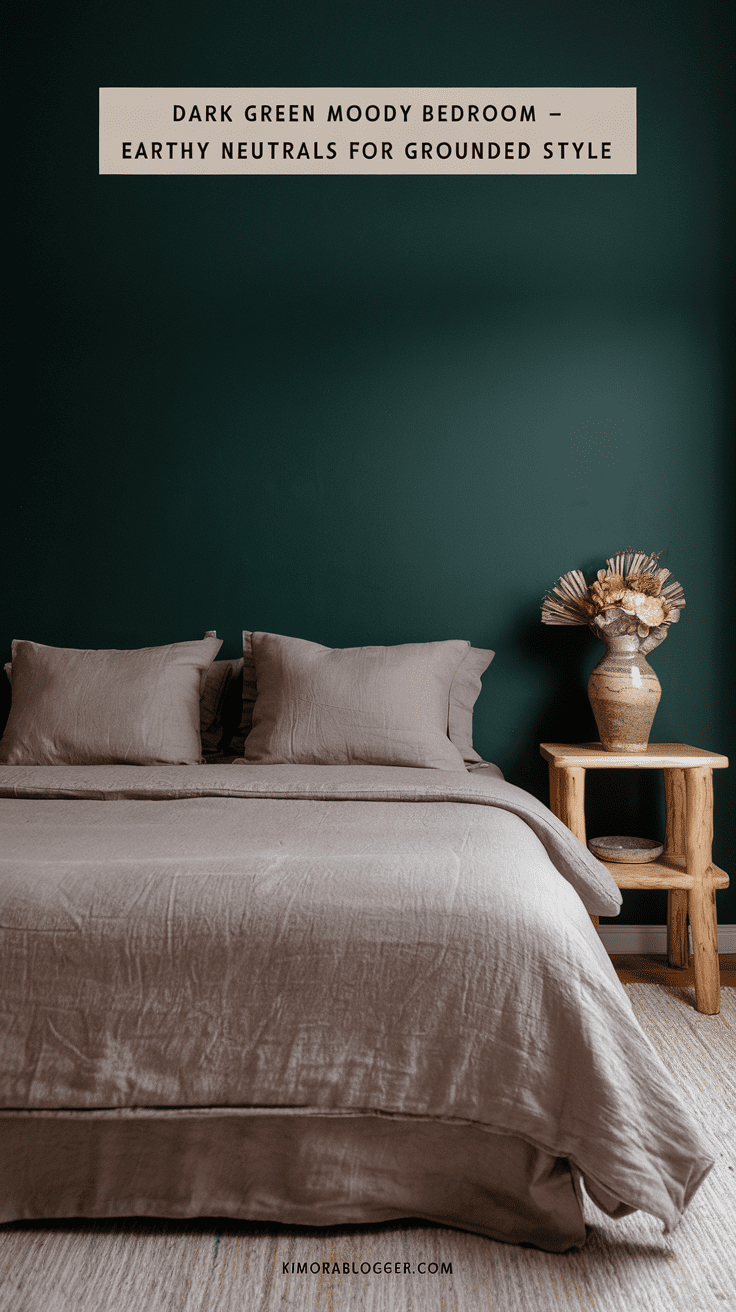 A soft linen bedspread in taupe against a rich green wall, with wood side tables and ceramic vases filled with dried grasses.