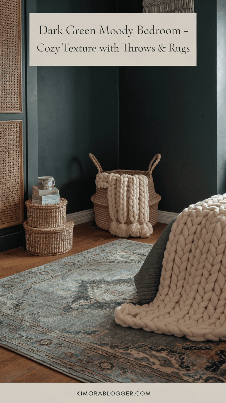 A dark green bed with an oversized knit throw in cream, a vintage-style rug in muted tones, and warm wood flooring.