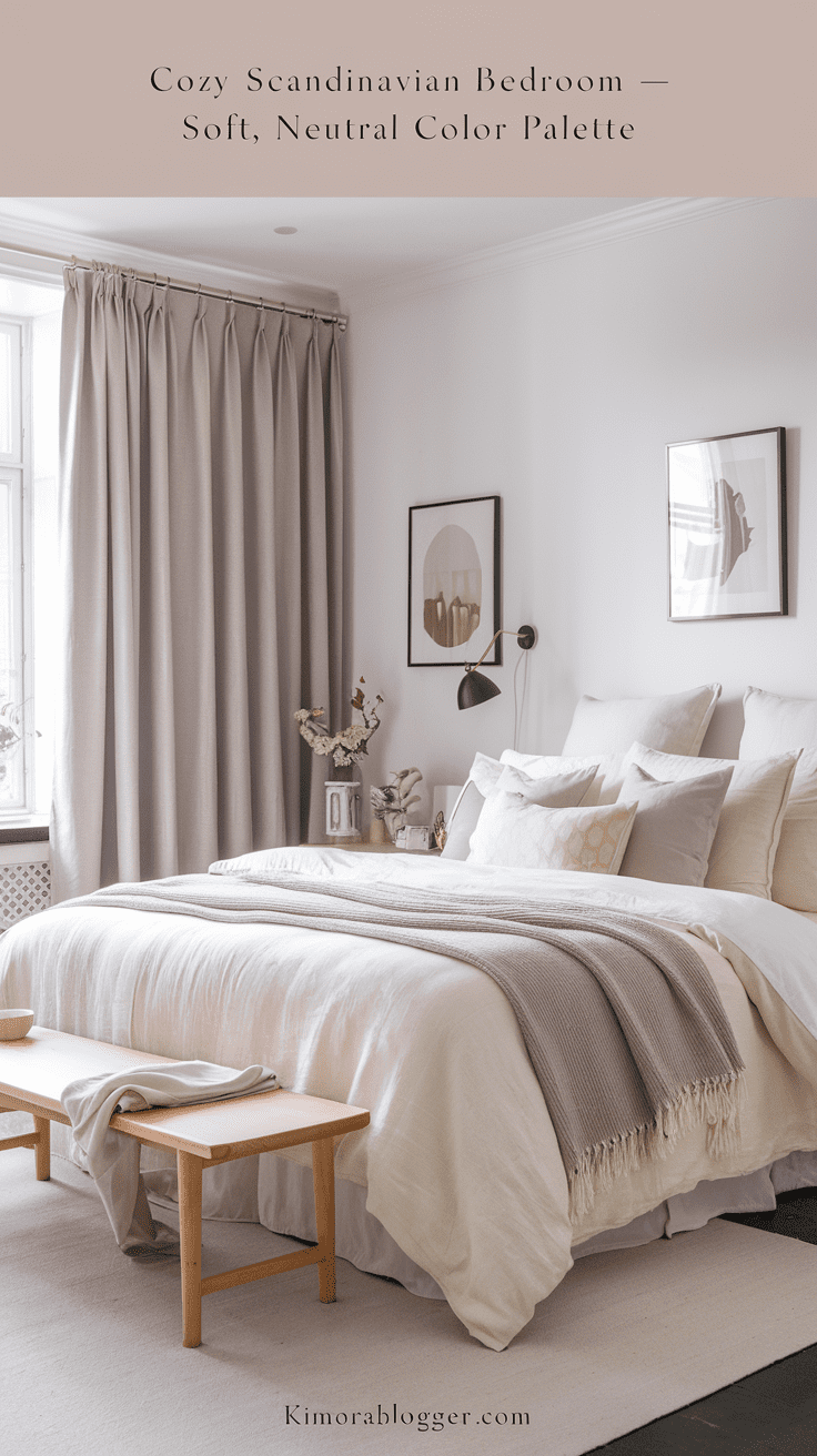 A Scandinavian bedroom with creamy white walls, a light taupe upholstered headboard, soft gray bedding, and pale linen curtains. Natural sunlight floods in, illuminating the layered textures and creating a calming atmosphere.