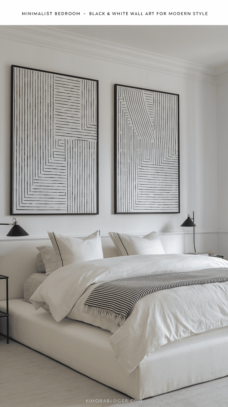 A modern bedroom with crisp white walls, two large, black-framed line art prints above a low-profile bed, and soft ivory bedding. A black reading lamp and a striped monochrome throw add graphic edge without disturbing the calm.