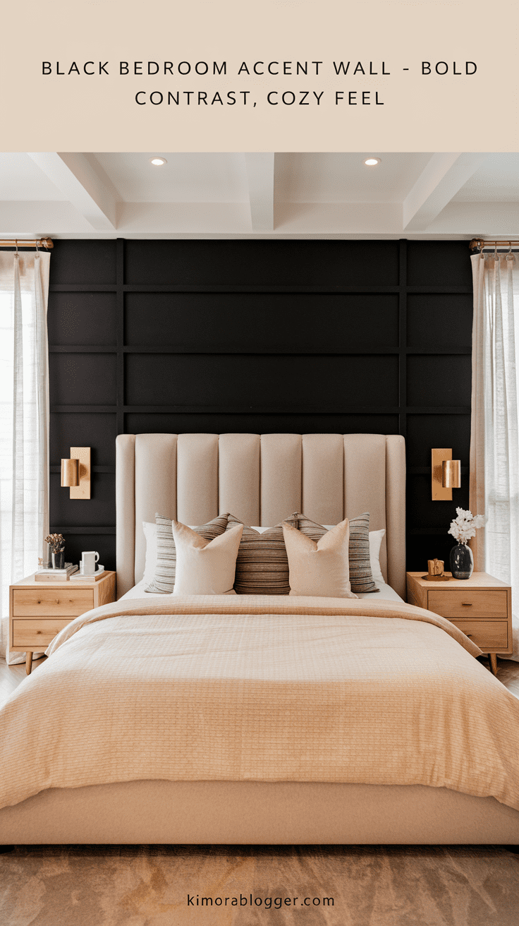 Modern bedroom with a matte black accent wall behind a beige upholstered headboard. Warm ivory bedding, light wood nightstands, and gold sconces glow softly. Natural light filters through sheer curtains.