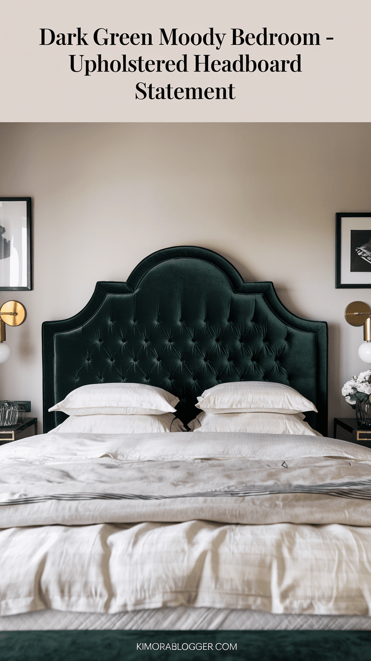 A dark green velvet headboard standing out against a neutral wall, framed by crisp white bedding and moody art above.