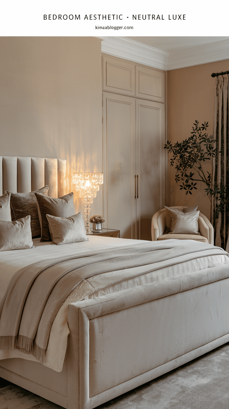 Creamy walls, a plush upholstered bed, layered throws, and a crystal lamp for soft shimmer. Understated but upscale.