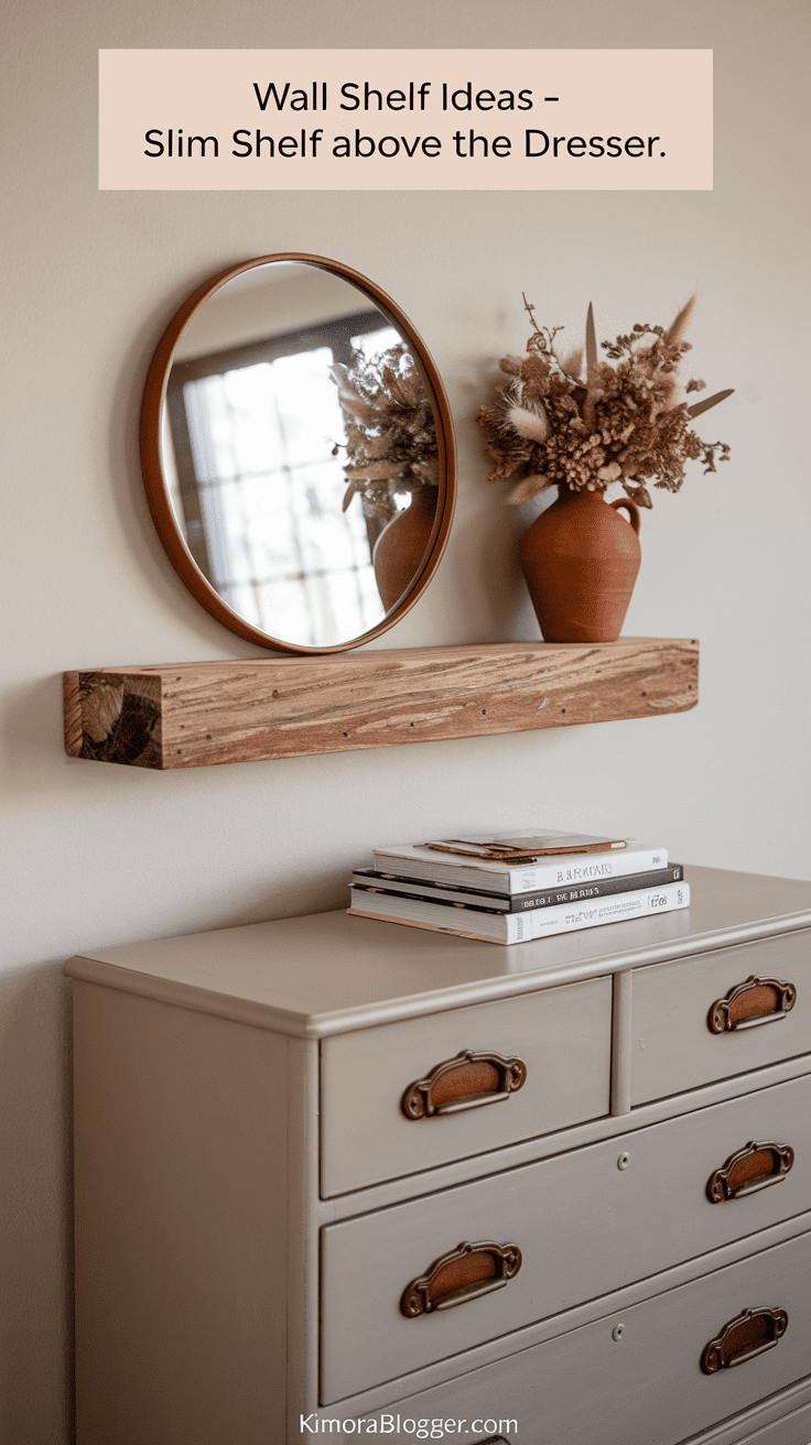 A narrow-reclaimed wood shelf above a neutral-toned dresser, styled with a round mirror, a dried bouquet in a clay vase, and a couple of stacked books.
