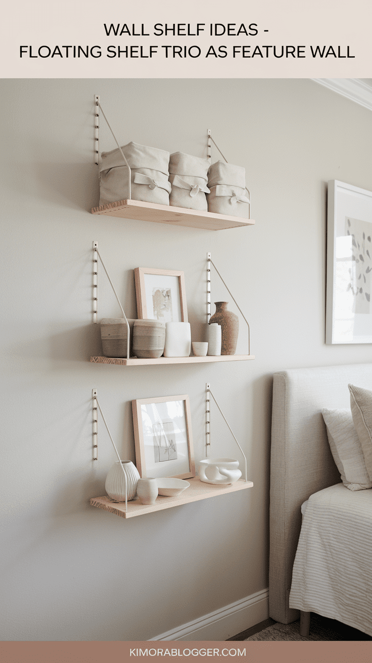 Three evenly spaced floating shelves in light birch wood, styled with small artwork, ceramics, and soft fabric boxes for hidden storage