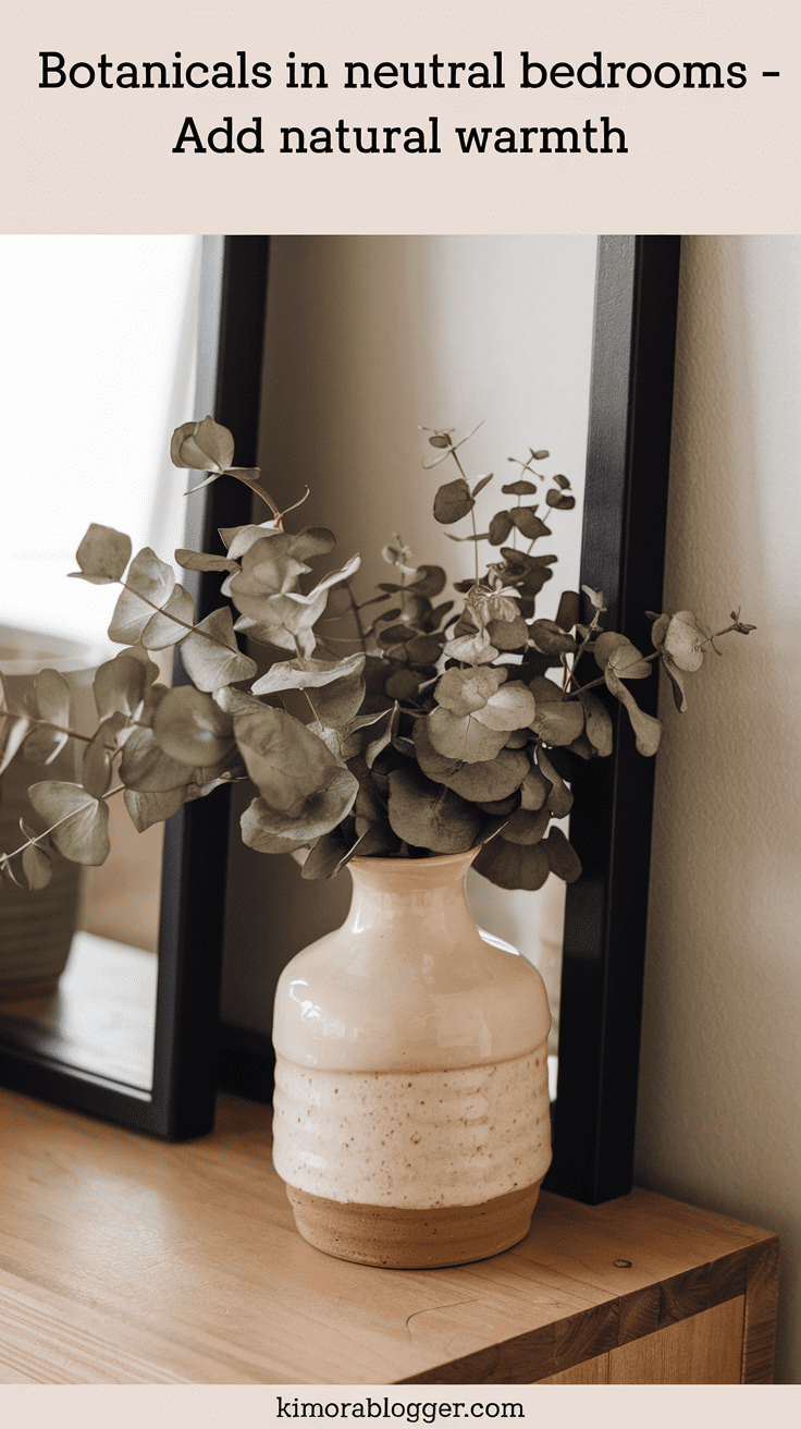 A simple ceramic vase on a nightstand holds a bundle of dried eucalyptus, resting beside soft lighting and a black-framed mirror.