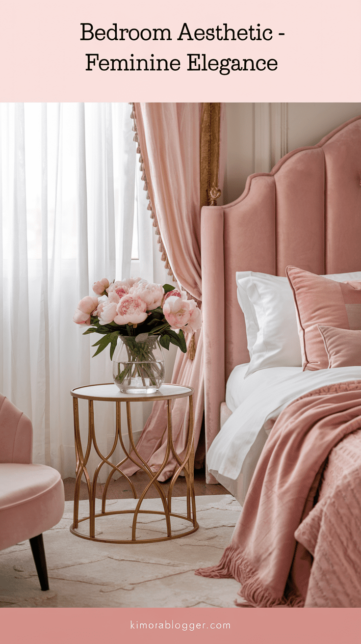 A blush velvet headboard, sheer curtains, and a gold-accented side table with fresh flowers. Romantic and serene.