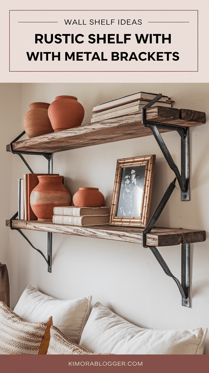 A thick wood shelf with matte black brackets mounted above a bed, holding terracotta pots, books, and a brass-framed photo.