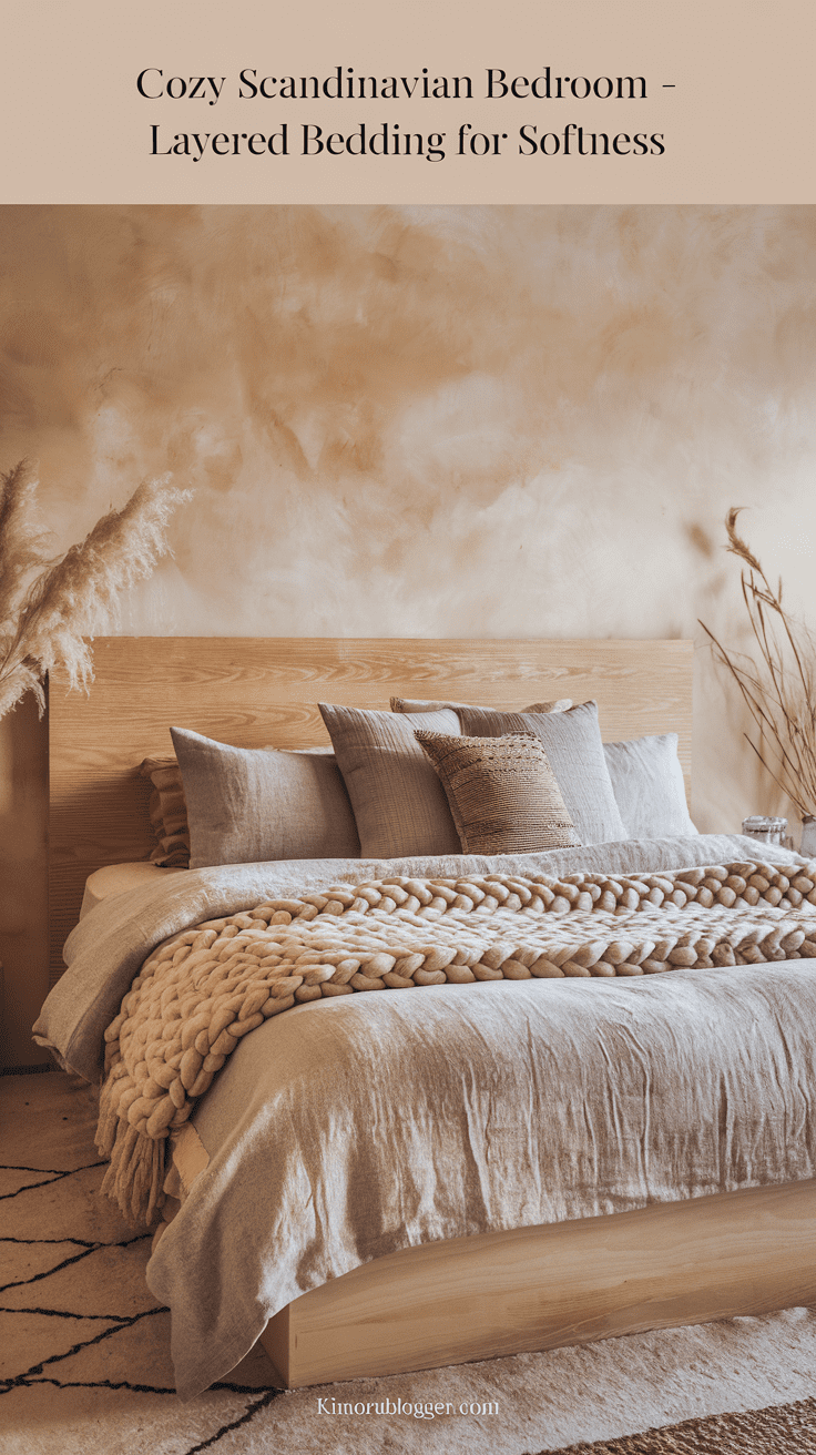 A bed layered with stonewashed linen sheets in ivory, a textured beige knit throw, and pillows in soft gray and warm taupe. The bed looks plush and inviting, perfect for curling up with a book.