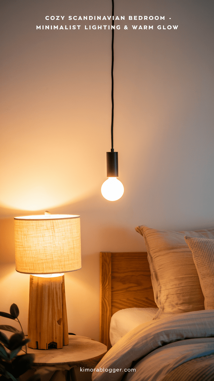 A black pendant light hangs above a light wood nightstand. A linen-shaded lamp casts a soft amber glow onto the creamy bedding below, making the room feel warm and restful.