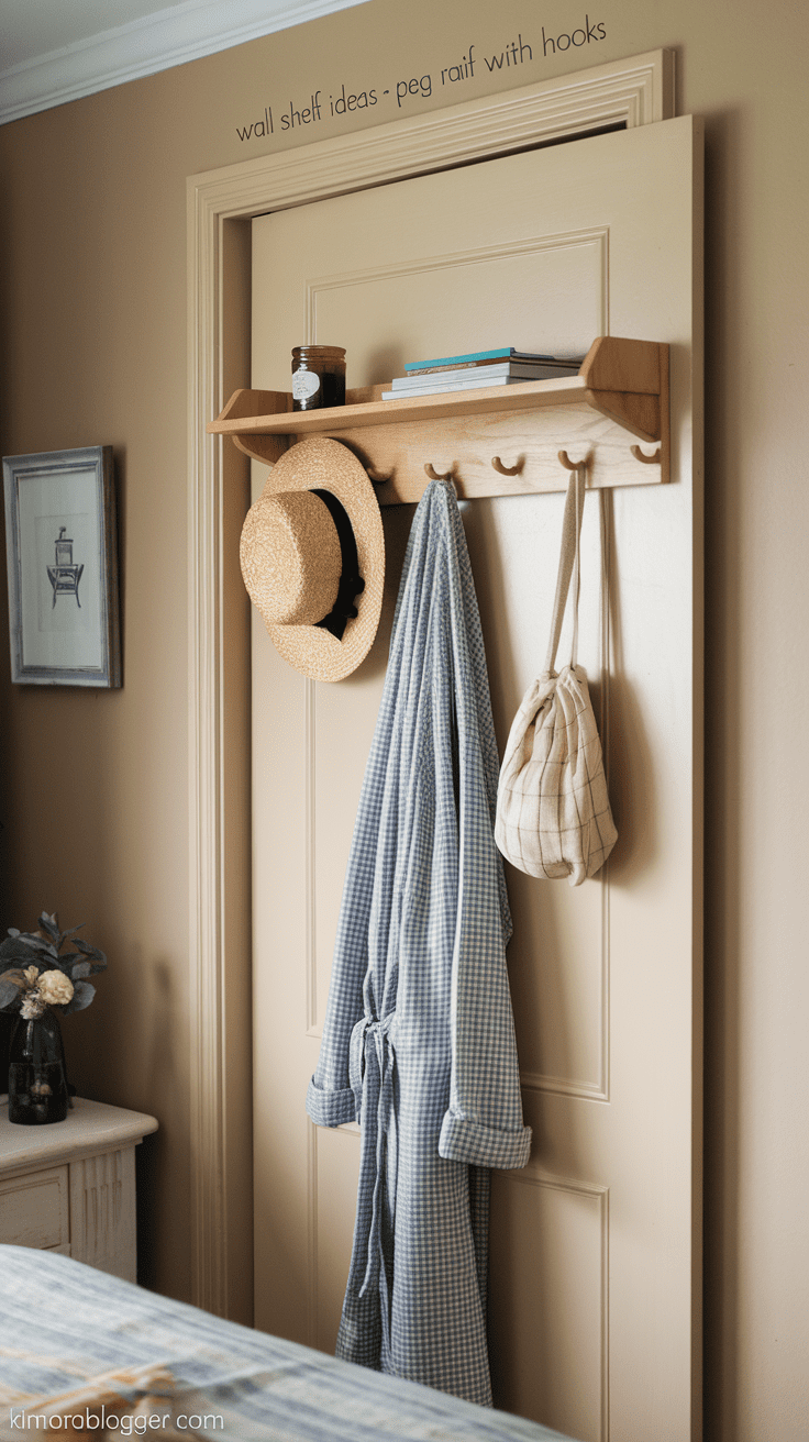 A soft wood peg rail shelf with a narrow ledge above and three pegs below, hung behind a door. Styled with a straw hat, a robe, and a ceramic diffuser.