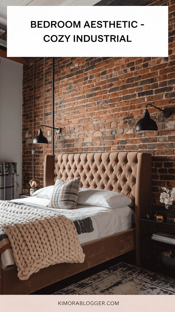 An exposed brick wall behind a tufted bed, matte black light fixtures, and a soft knit throw. Bold yet comfortable.