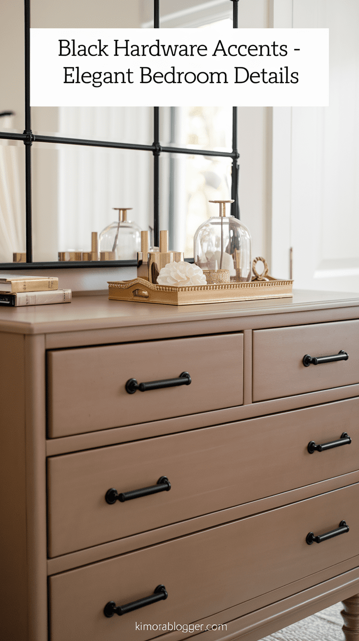 Matte black drawer pulls on a taupe dresser. Black-trimmed mirror above and minimalist gold accents.