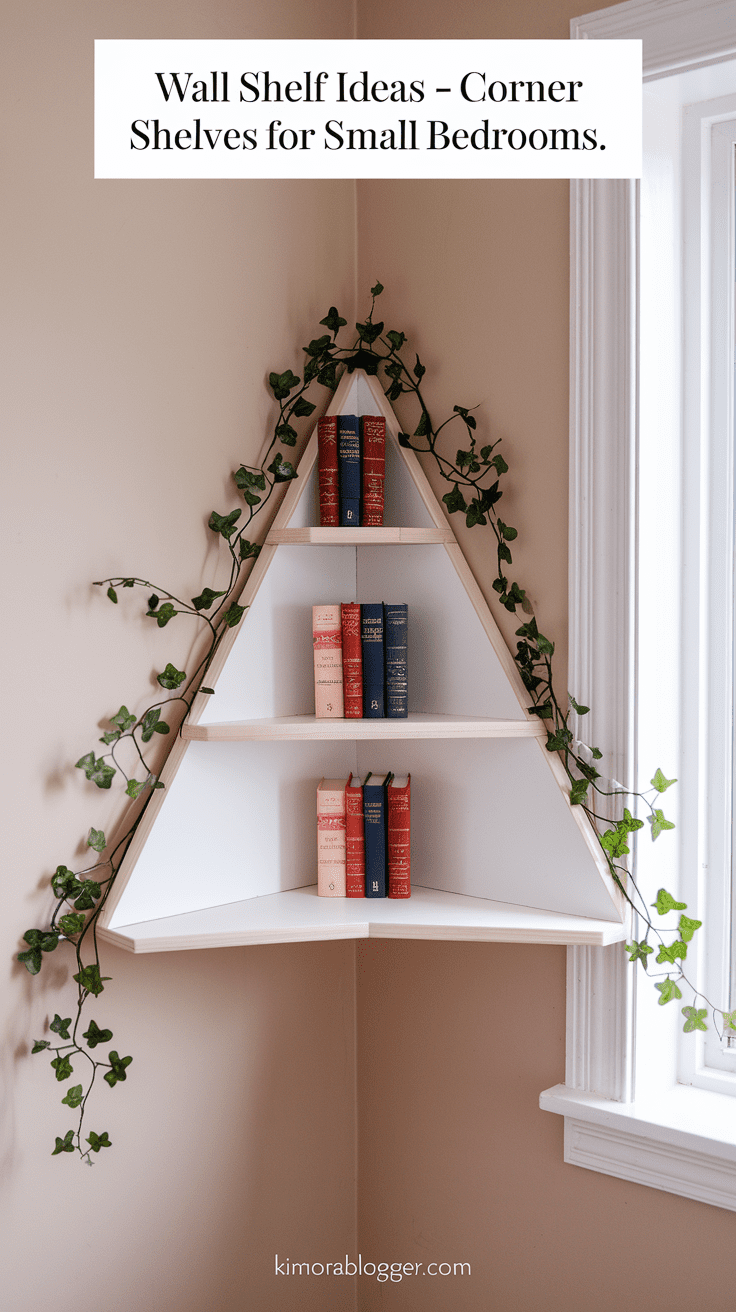 Floating triangle corner shelves in white oak, layered with trailing greenery and tiny books, adding charm to a soft-beige corner next to a window.
