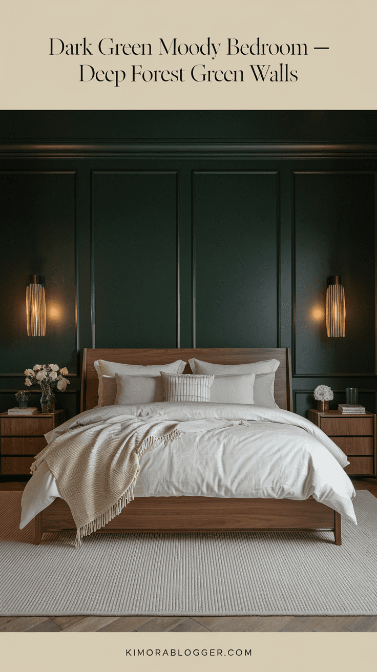 A bedroom with deep green walls, a walnut headboard, and soft gold sconces that glow warmly against the rich backdrop.