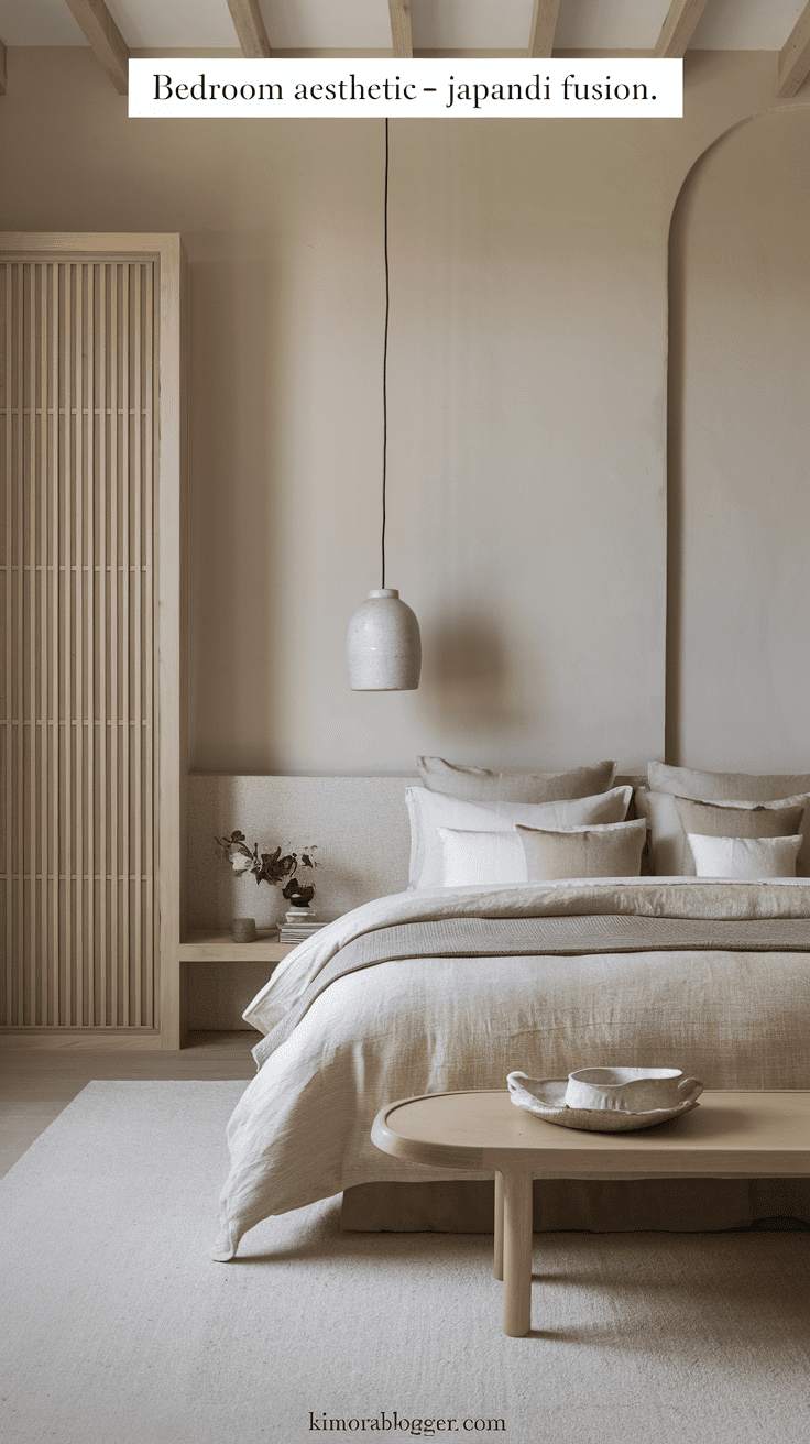 A low-profile wood bed, linen bedding in beige and gray, and a single pendant light. The room feels balanced, quiet, and thoughtfully curated.