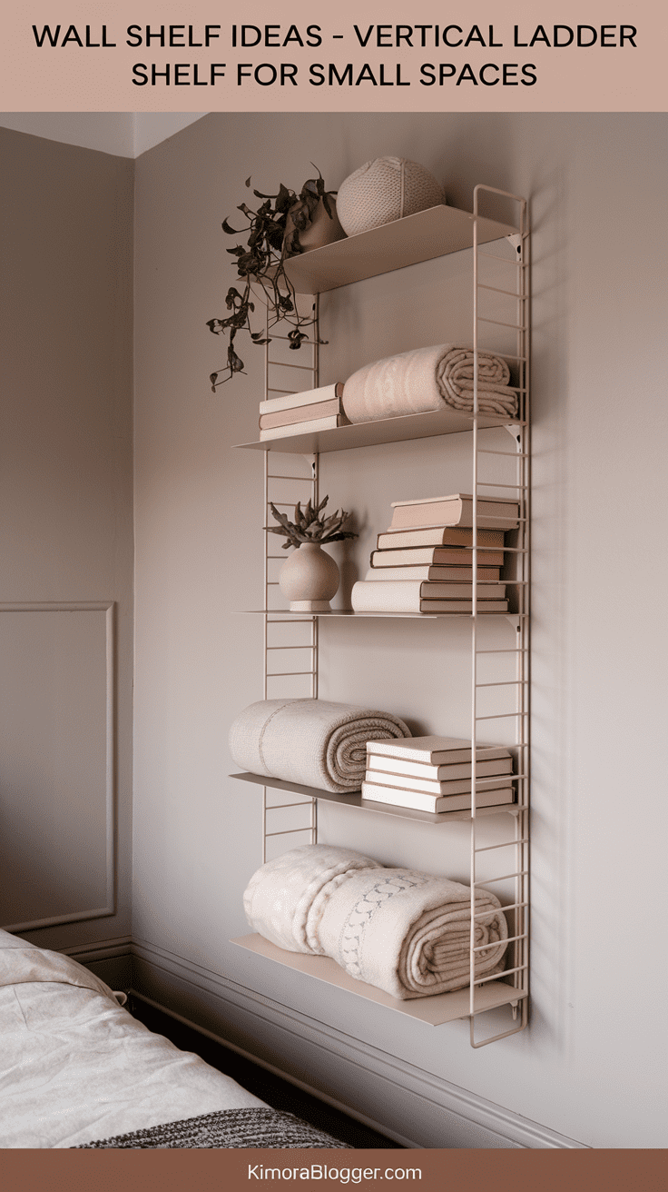 A skinny wall-mounted ladder shelf painted in matte cream, holding small planters, books, and a rolled knit blanket for cozy effect.