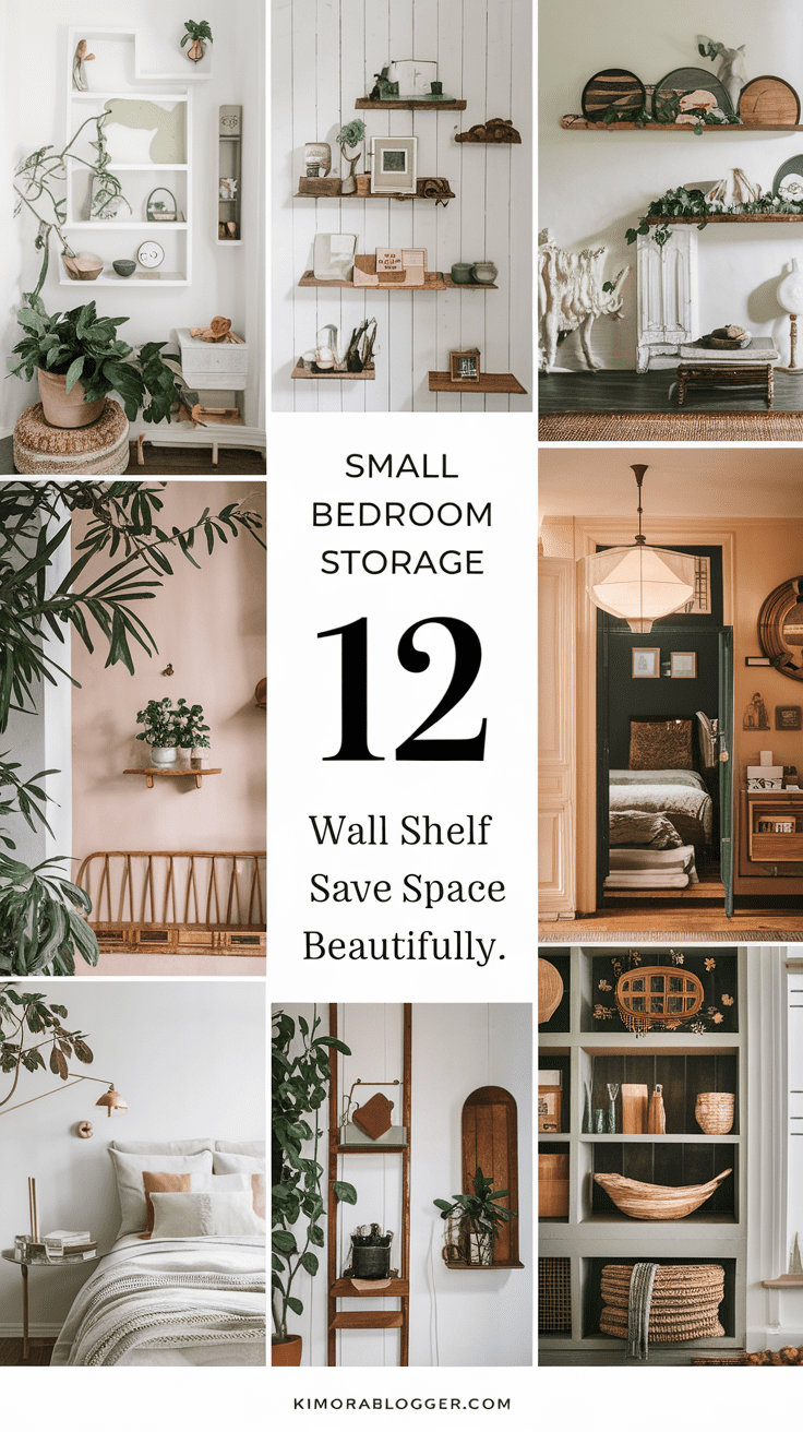 Vertical Pinterest graphic featuring cozy wall shelf styles in soft neutral tones, natural wood, and warm lighting.