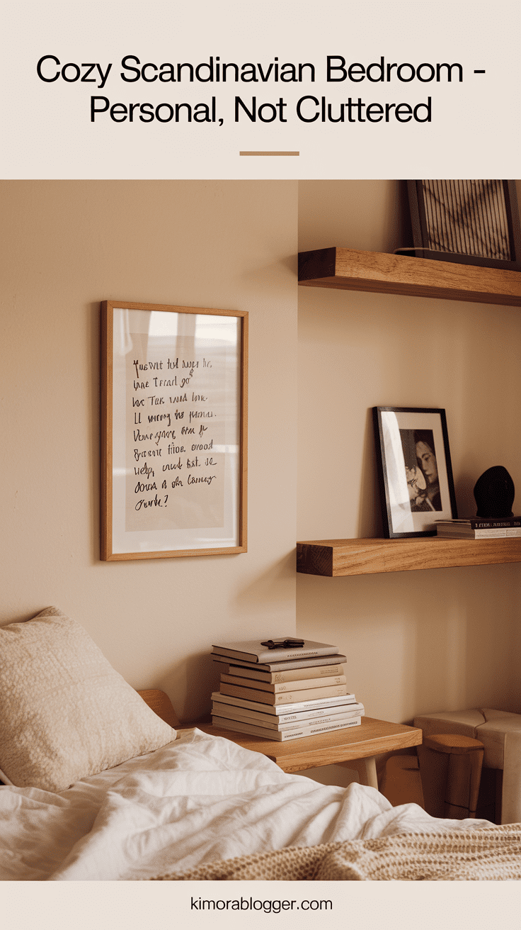 A small wood-framed photo, a handwritten quote pinned to a linen board, and a scented candle sit quietly on a bedside shelf. Each detail feels personal but intentional.